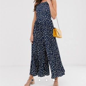 ASOS Size 8 pleated culotte jumpsuit in navy polka dot